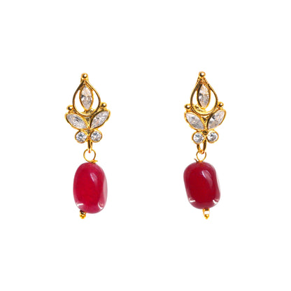 Gold-plated interchangeable drop earrings with red bead drop|She Needs Jewellery

