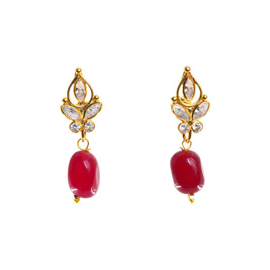 Gold-plated interchangeable drop earrings with red bead drop|She Needs Jewellery
