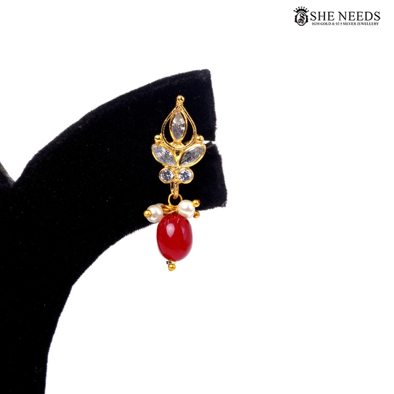 Gold-plated interchangeable drop earring with red bead and pearl detailing|She Needs Jewellery
