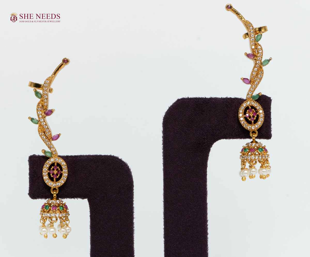 Gold-Plated Ruby & Emerald Vine Ear Cuff Jhumka Earrings with AD & Pearls