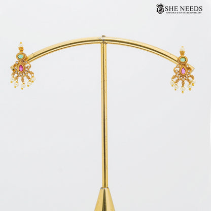 Gold plated traditional mini jhumka earrings with pink green zircon stones and pearl drops