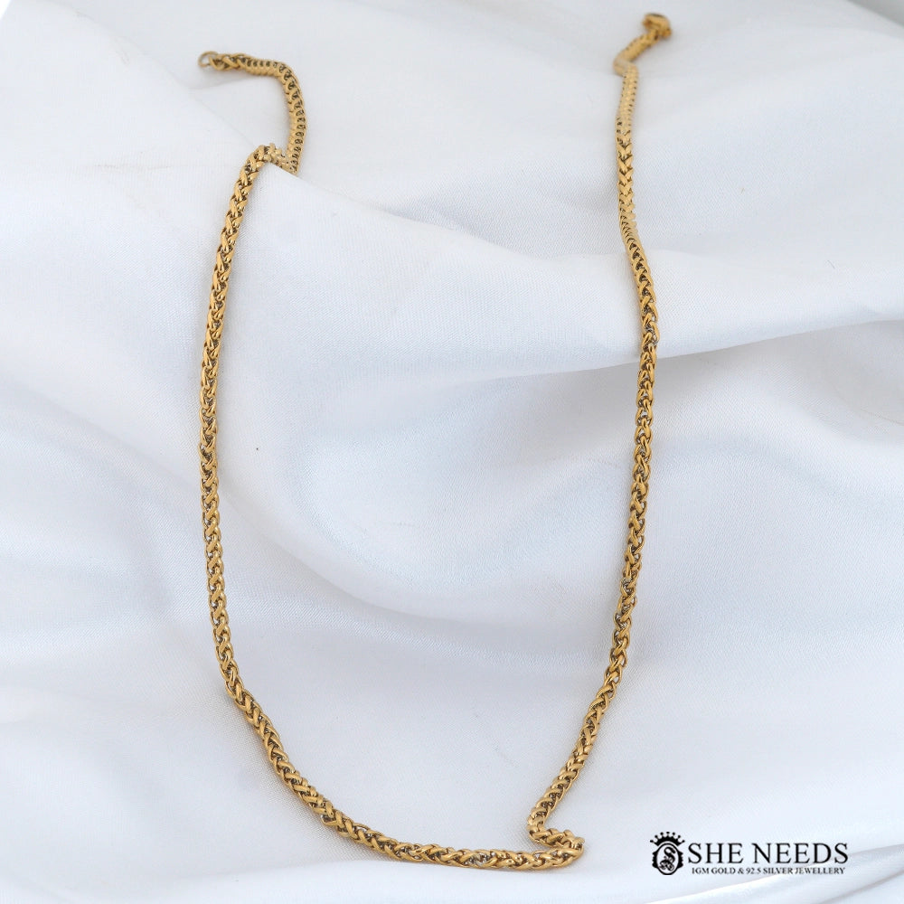Gold finish men's chain necklace featuring a stylish braided link design, secure clasp closure, and premium polished finish displayed on a white fabric background.