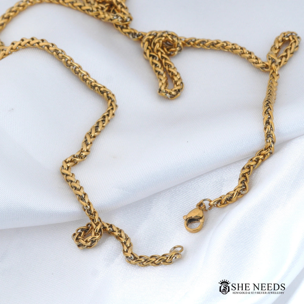 Gold finish men's chain necklace featuring a stylish braided link design, secure clasp closure, and premium polished finish displayed on a white fabric background.