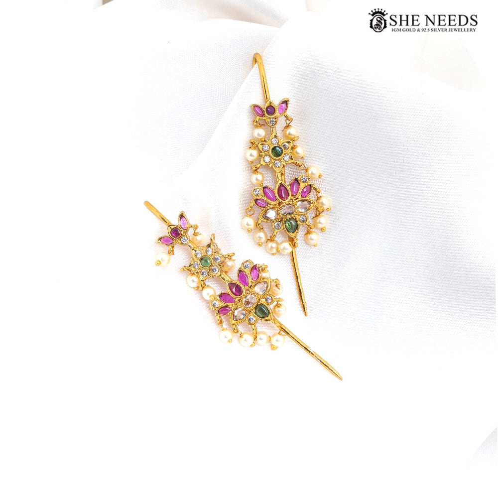 Gold Finish Temple Design Pearl Drop Ear Cuff Earrings