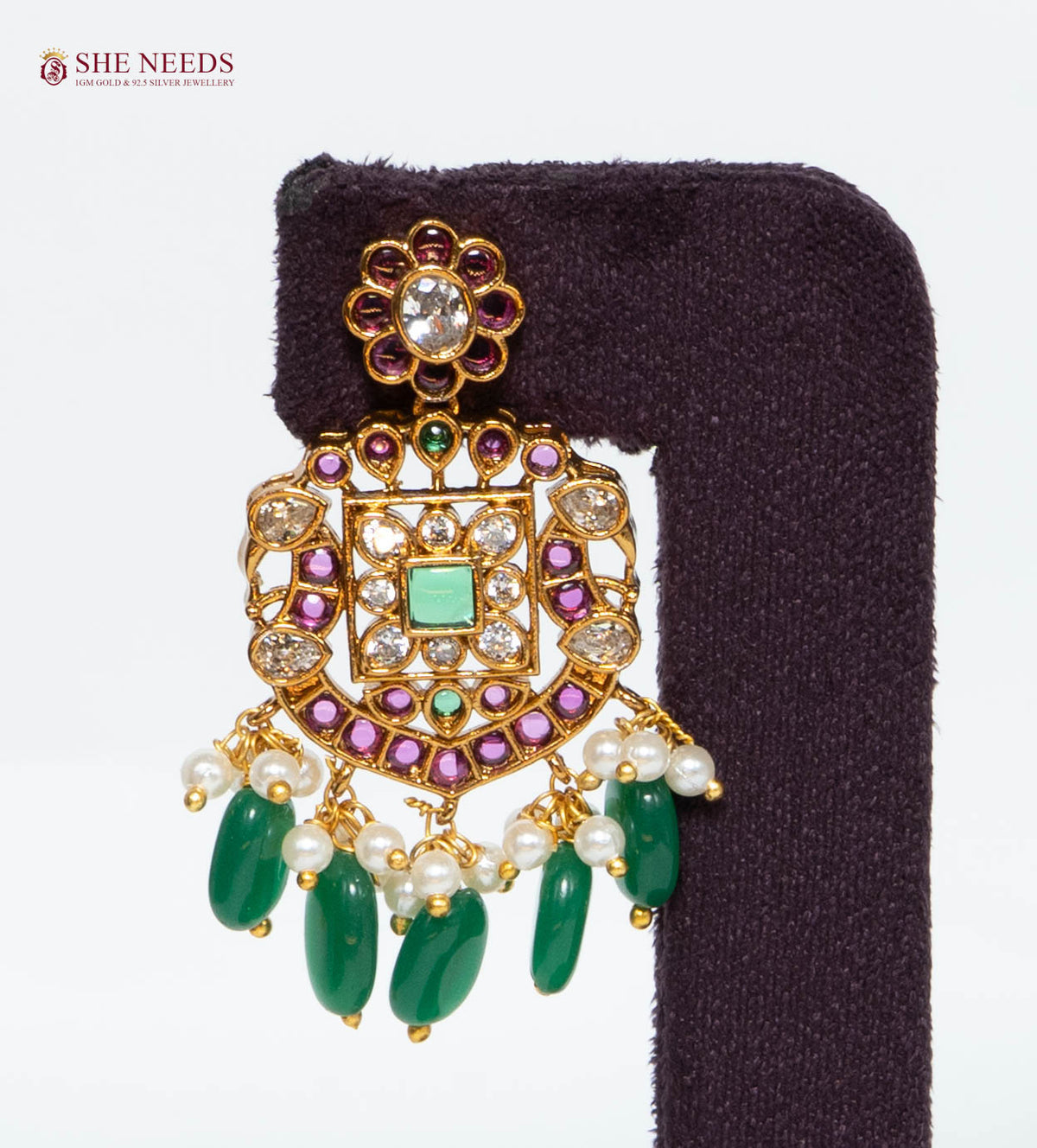 Gold Multicolor Temple Pendant Necklace Set with Green Beads & AD Stones