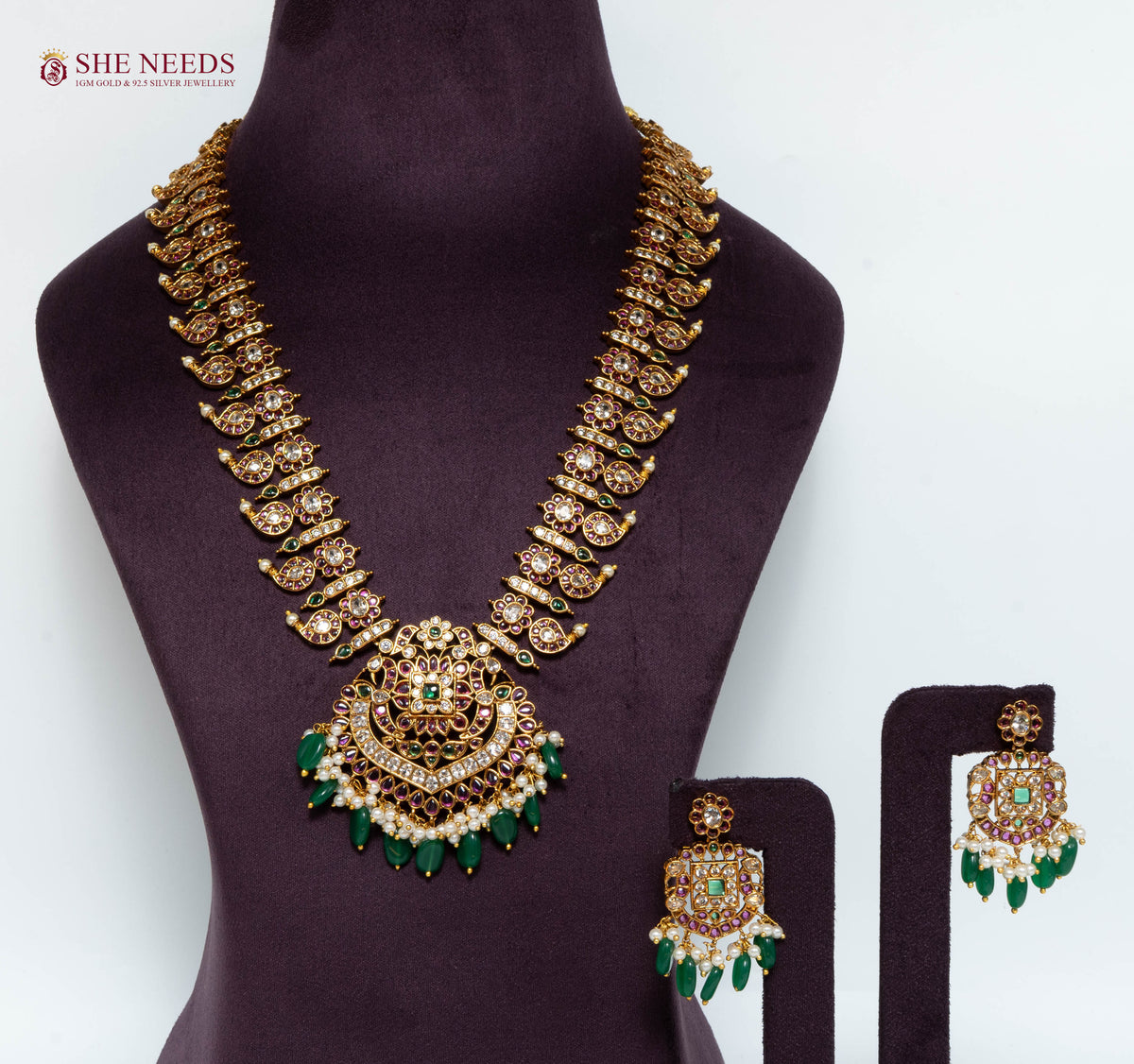Gold Multicolor Temple Pendant Necklace Set with Green Beads & AD Stones