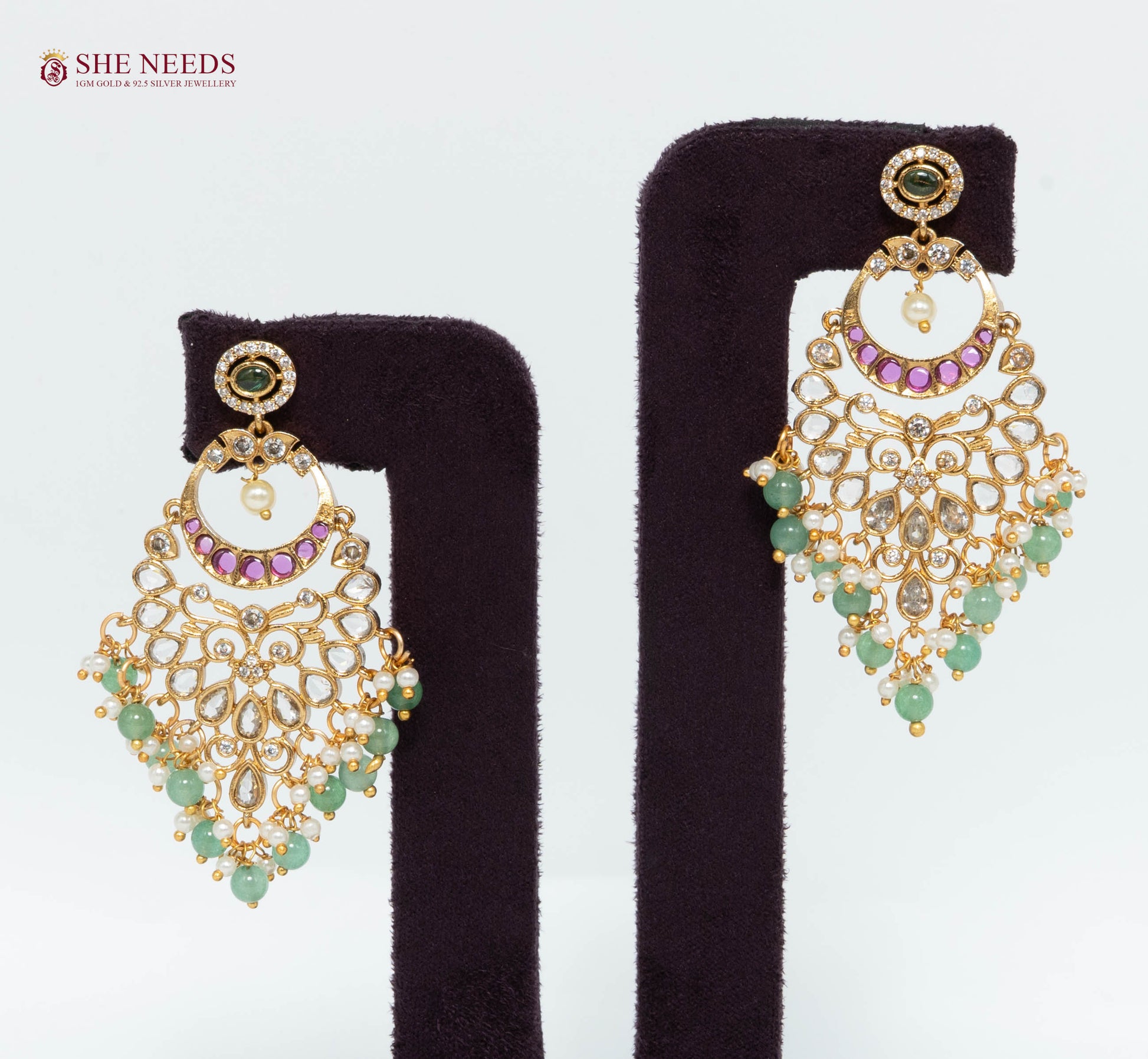 Gold Plated American Diamond Chandbali Earrings with Kundan Stones, Green Beads, Ruby Pink Accents and Pearl Drops | She Needs Jewellery