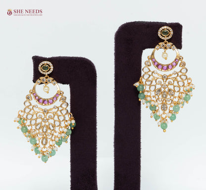 Gold Plated American Diamond Chandbali Earrings with Kundan Stones, Green Beads, Ruby Pink Accents and Pearl Drops | She Needs Jewellery