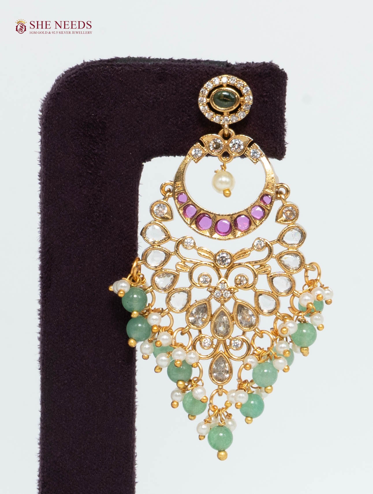 Gold Plated American Diamond Chandbali Earrings with Kundan Stones, Green Beads, Ruby Pink Accents and Pearl Drops | She Needs Jewellery
