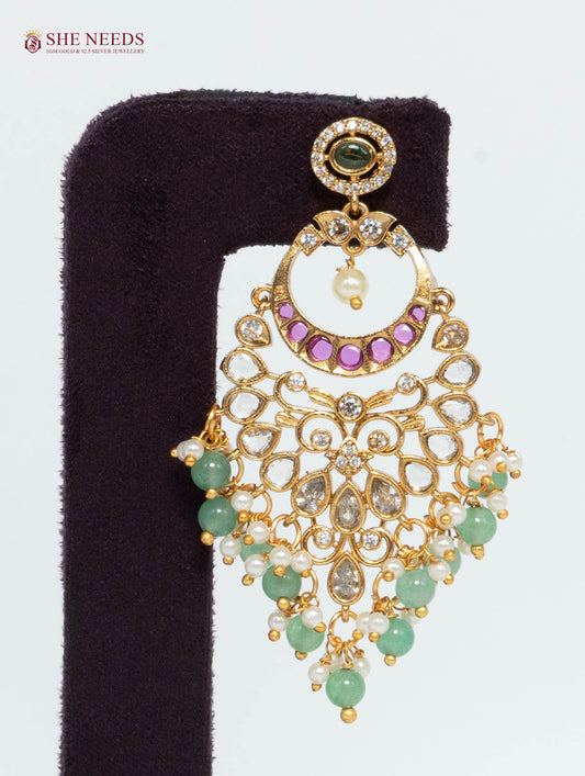 Gold Plated American Diamond Chandbali Earrings with Kundan Stones, Green Beads, Ruby Pink Accents and Pearl Drops | She Needs Jewellery