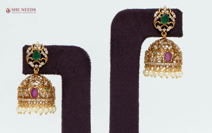 Gold Plated American Diamond Pearl Jhumka Earrings with Green Stone, Ruby Pink Stone and Pearl Drops | She Needs Jewellery