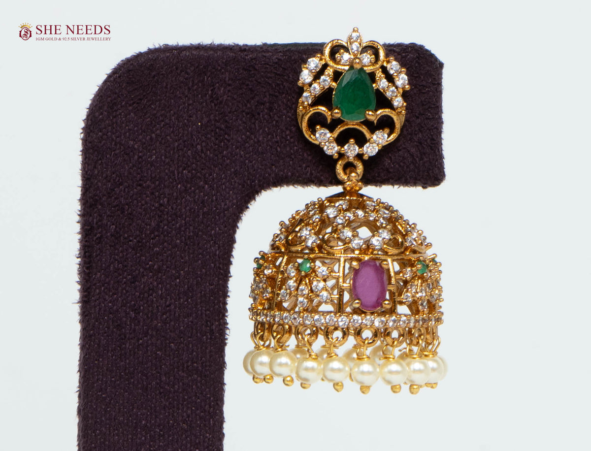 Gold Plated American Diamond Pearl Jhumka Earrings