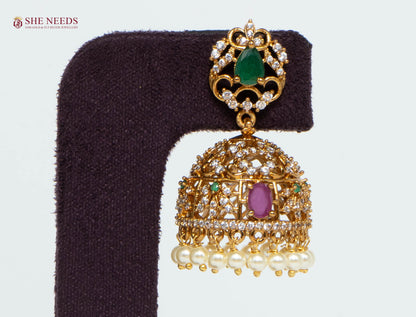 Gold Plated American Diamond Pearl Jhumka Earrings with Green Stone, Ruby Pink Stone and Pearl Drops | She Needs Jewellery