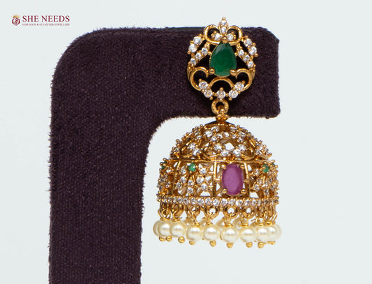 Gold Plated American Diamond Pearl Jhumka Earrings with Green Stone, Ruby Pink Stone and Pearl Drops | She Needs Jewellery