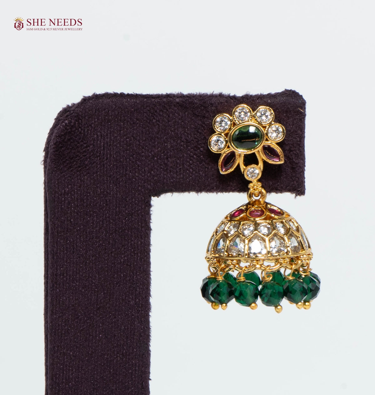 Gold Plated Floral Kundan Jhumka Earrings with Emerald Green Beads