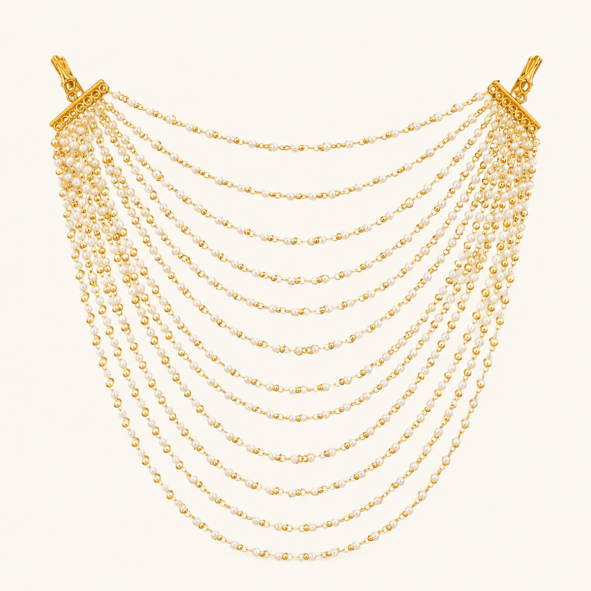 Gold plated multi-layer pearl Jada Set with cascading pearl strands for bridal hair|She Needs Jewellery

