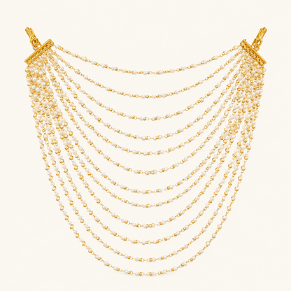 Gold plated multi-layer pearl Jada Set with cascading pearl strands for bridal hair|She Needs Jewellery
