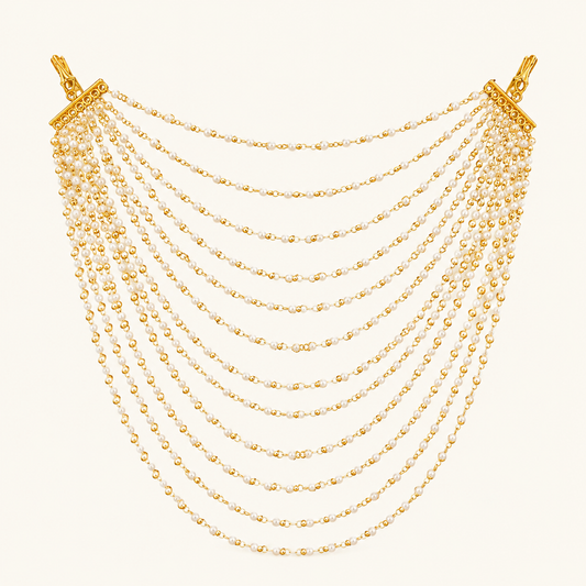 Gold plated multi-layer pearl Jada Set with cascading pearl strands for bridal hair|She Needs Jewellery

