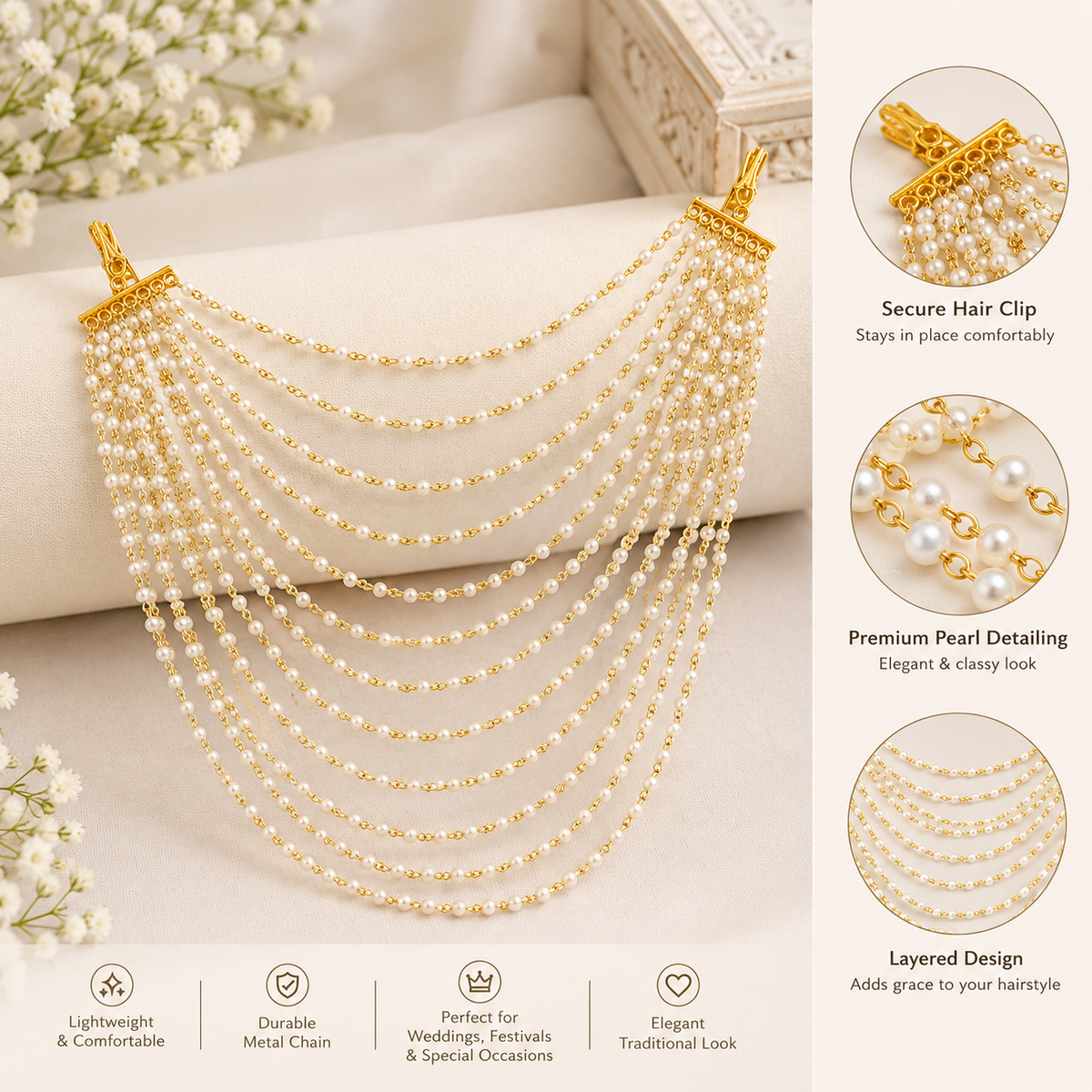 Gold plated pearl Jada Set styled with layered pearl strands and secure hair clips|She Needs Jewellery