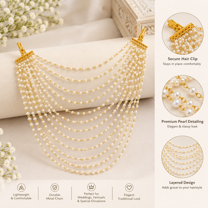 Gold plated pearl Jada Set styled with layered pearl strands and secure hair clips|She Needs Jewellery
