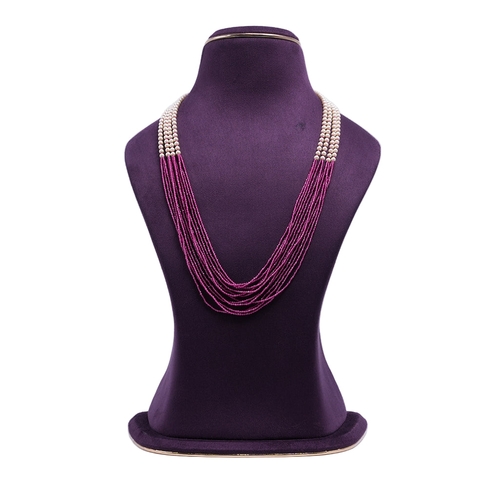 Gold Plated Ruby Pearl Multi Layer Bead Chain Necklace with White Pearl Accents | She Needs Jewellery
