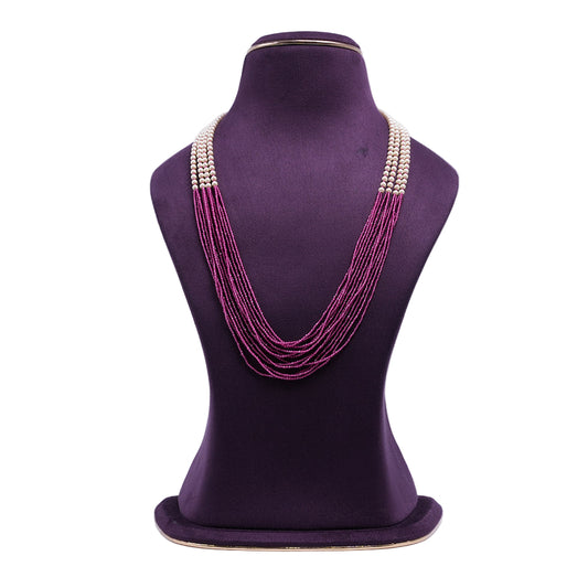 Gold Plated Ruby Pearl Multi Layer Bead Chain Necklace with White Pearl Accents | She Needs Jewellery