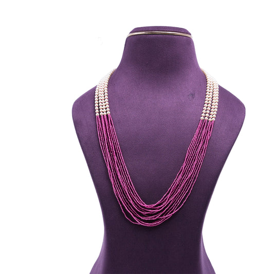 Gold Plated Ruby Pearl Multi Layer Bead Chain Necklace with White Pearl Accents | She Needs Jewellery