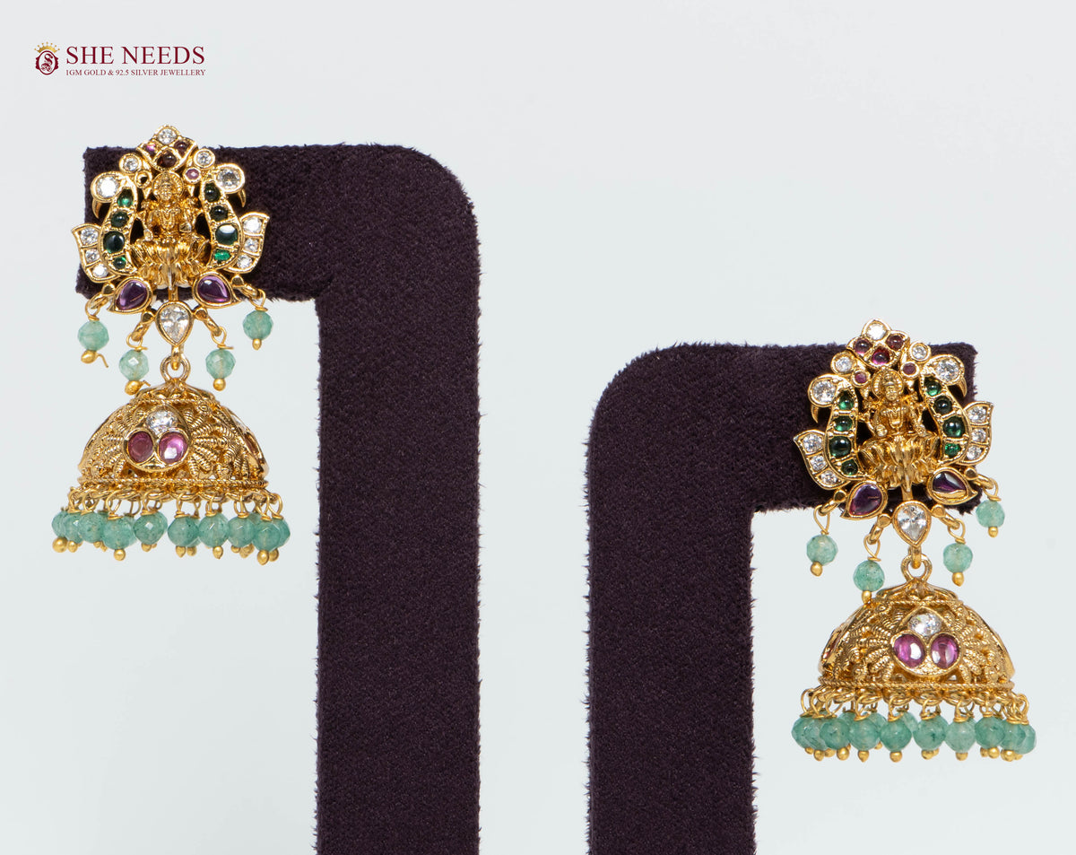 Gold Plated Temple Lakshmi Jhumka Earrings with Mint Green Beads