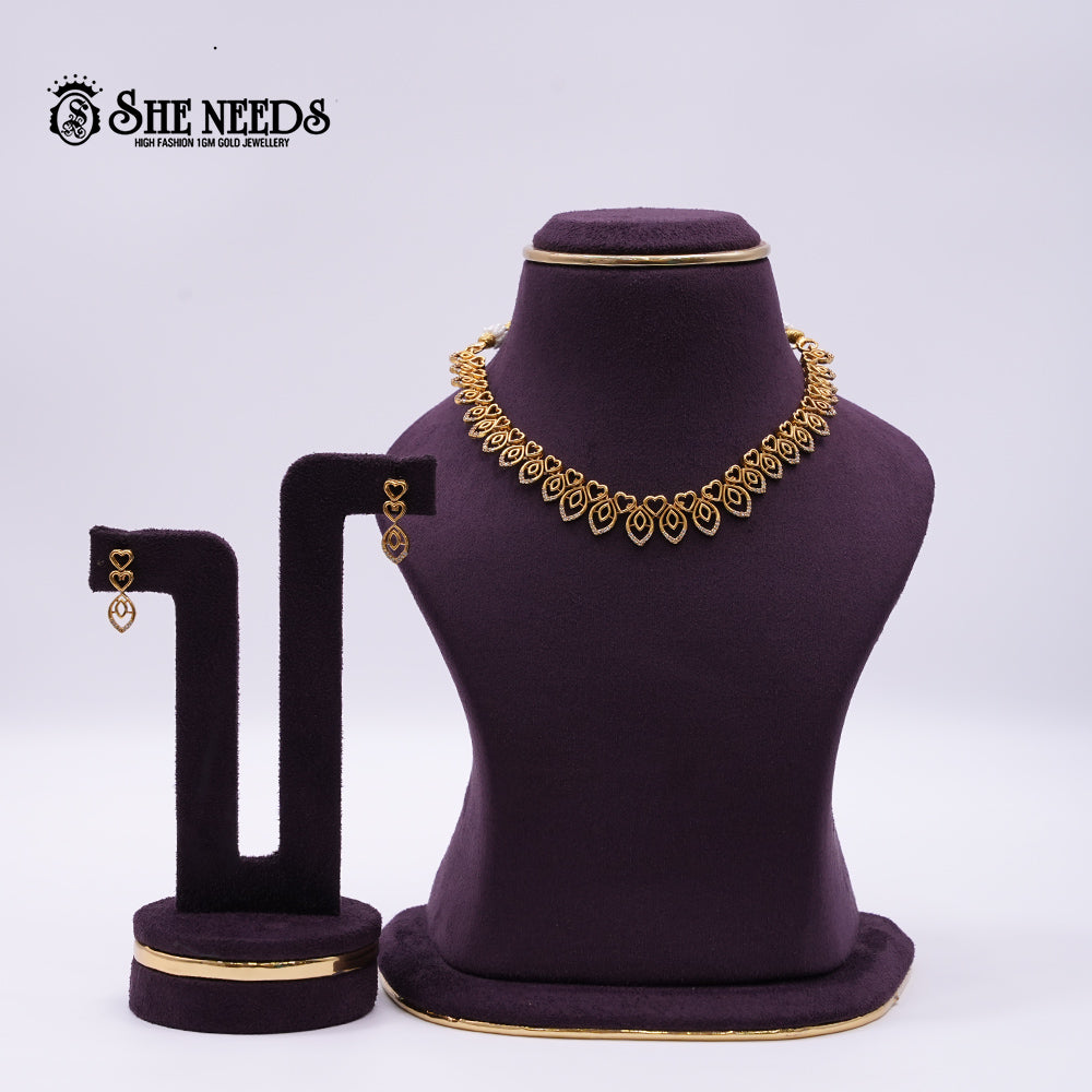 Gold-Plated Heart Motif Necklace Set with Drop Earrings
