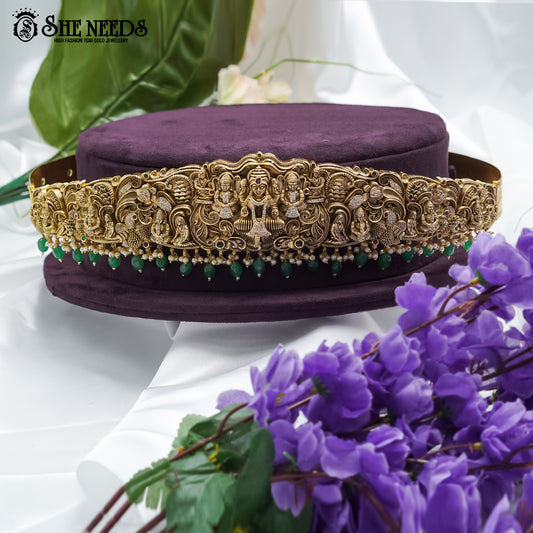 Grand Lakshmi green drop vaddanam with temple design and antique gold polish