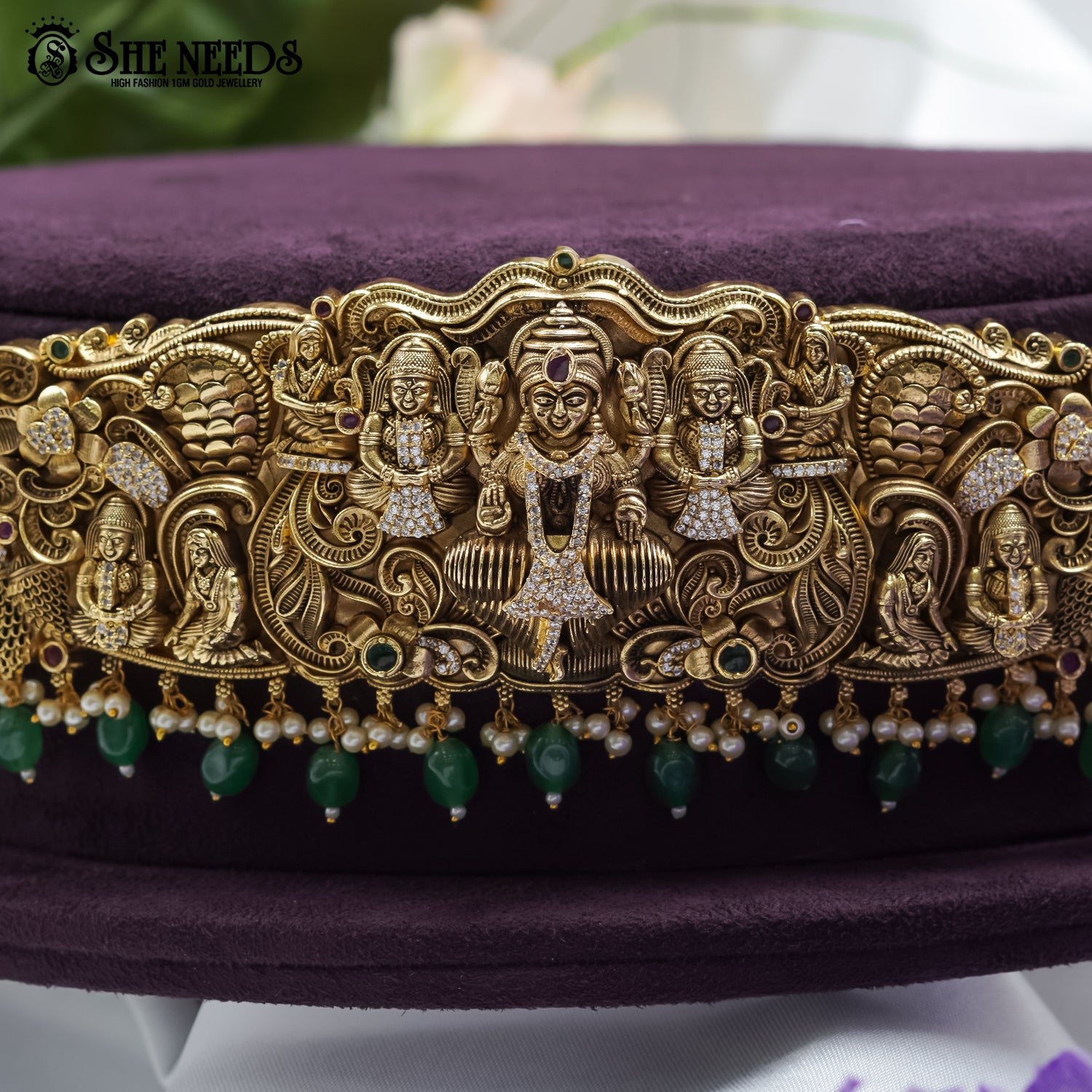 Grand Lakshmi green drop vaddanam with temple design and antique gold polish