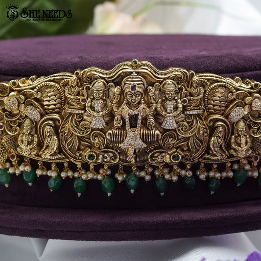 Grand Lakshmi green drop vaddanam with temple design and antique gold polish