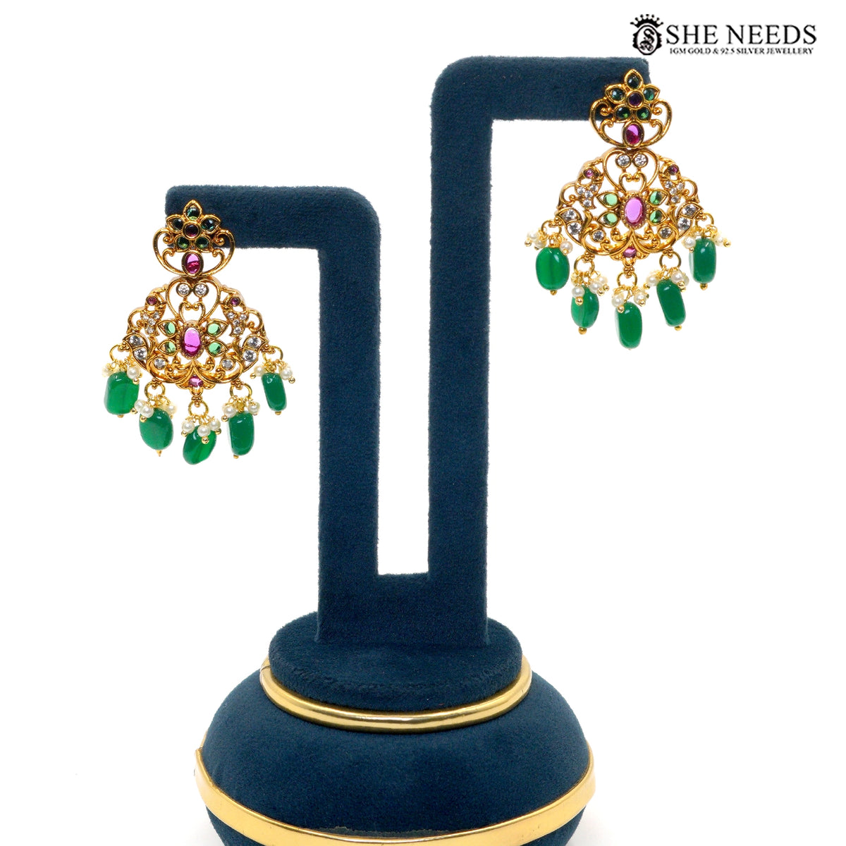 Traditional Lakshmi Green Beaded Long Necklace Set with Pearl Drops