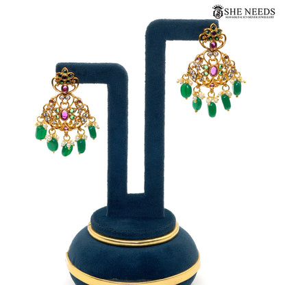 Matching Lakshmi earrings with green bead drops, pearl accents and multicolor stones|She Needs Jewellery

