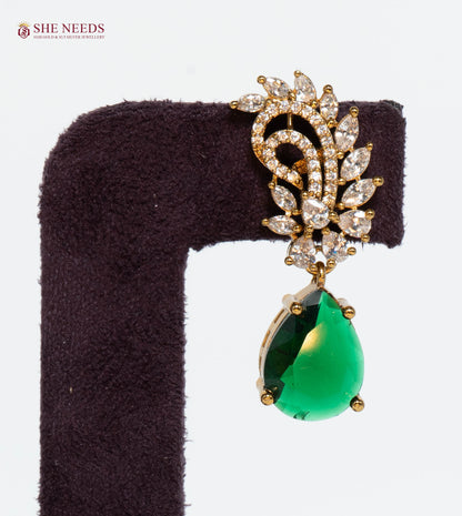 Green Crystal Drop Earrings with American Diamonds in Gold Plated Finish