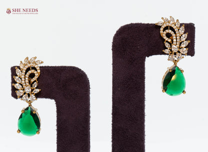 Green Crystal Drop Earrings with American Diamonds in Gold Plated Finish