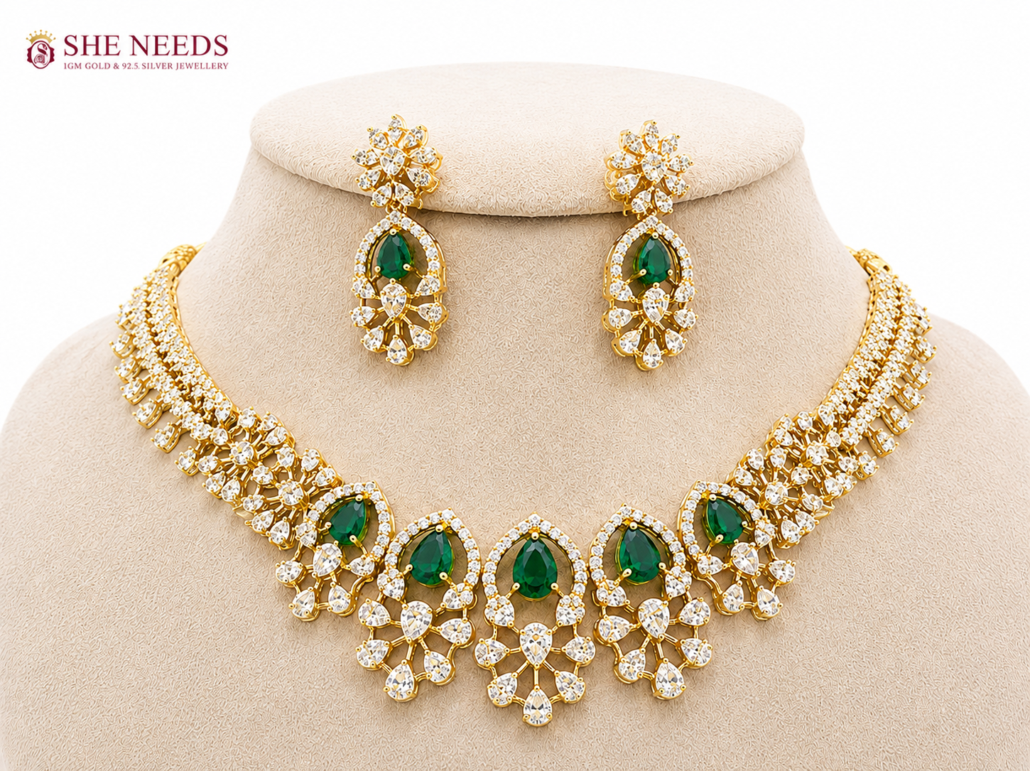 Green Gold Plated American Diamond Floral Necklace Set with Matching Statement Drop Earrings by She Needs Jewellery