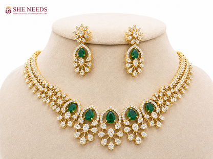 Green Gold Plated American Diamond Floral Necklace Set with Matching Statement Drop Earrings by She Needs Jewellery