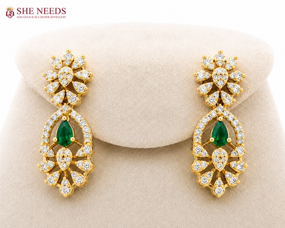 Green Gold Plated American Diamond Statement Drop Earrings by She Needs Jewellery