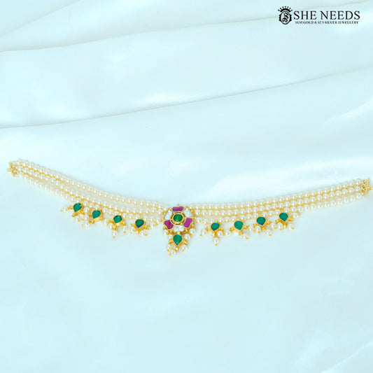 Green stone pearl choker necklace with gold-plated floral pendant|She Needs Jewellery
