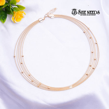 Glimmer Lines Shop elegant rose gold multi layer chain necklace for women. Lightweight and stylish jewellery perfect for daily wear, parties, and festive looks.