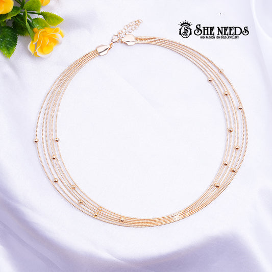 Glimmer Lines Shop elegant rose gold multi layer chain necklace for women. Lightweight and stylish jewellery perfect for daily wear, parties, and festive looks.
