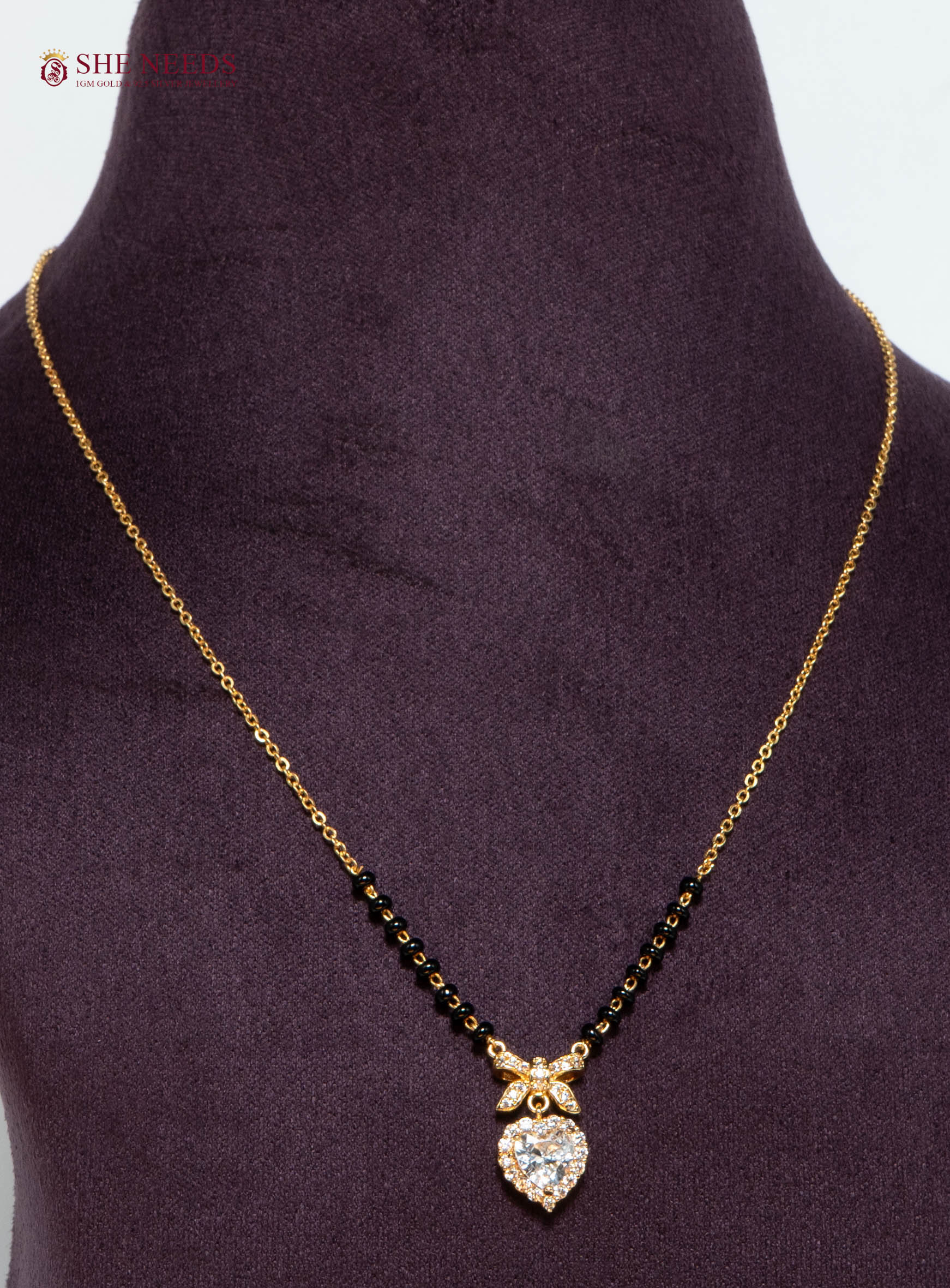 Anvika Heart American Diamond Mangalsutra Necklace with Halo CZ Heart Pendant and Black Beads in Gold Plated Finish