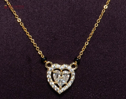 Anvika Heart American Diamond Mangalsutra Necklace with Heart CZ Pendant and Black Beads in Gold Plated Finish