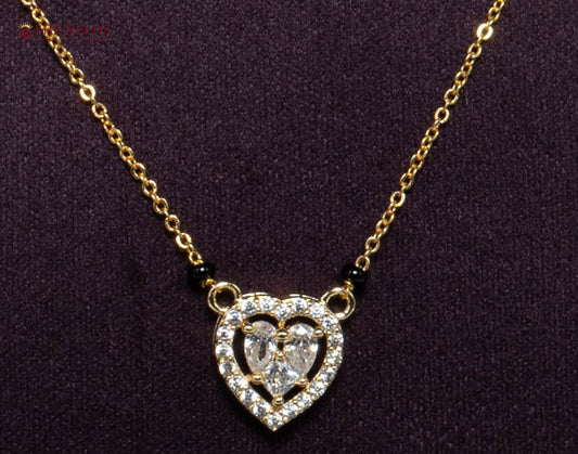 Anvika Heart American Diamond Mangalsutra Necklace with Heart CZ Pendant and Black Beads in Gold Plated Finish
