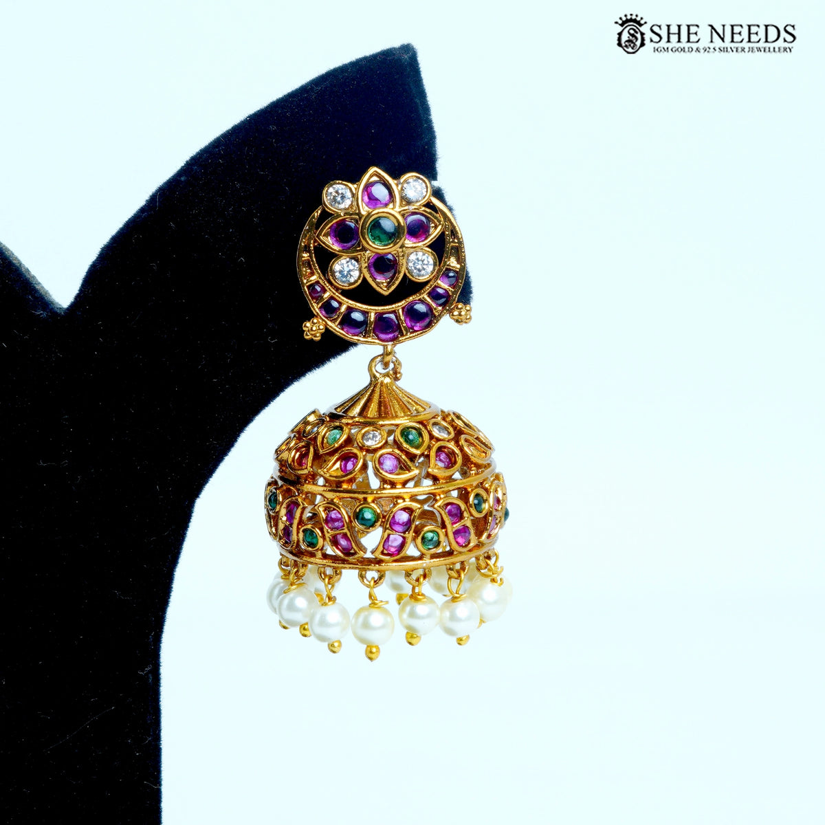 Ishani Floral Dome Jhumka Earrings – Pink, Green & White