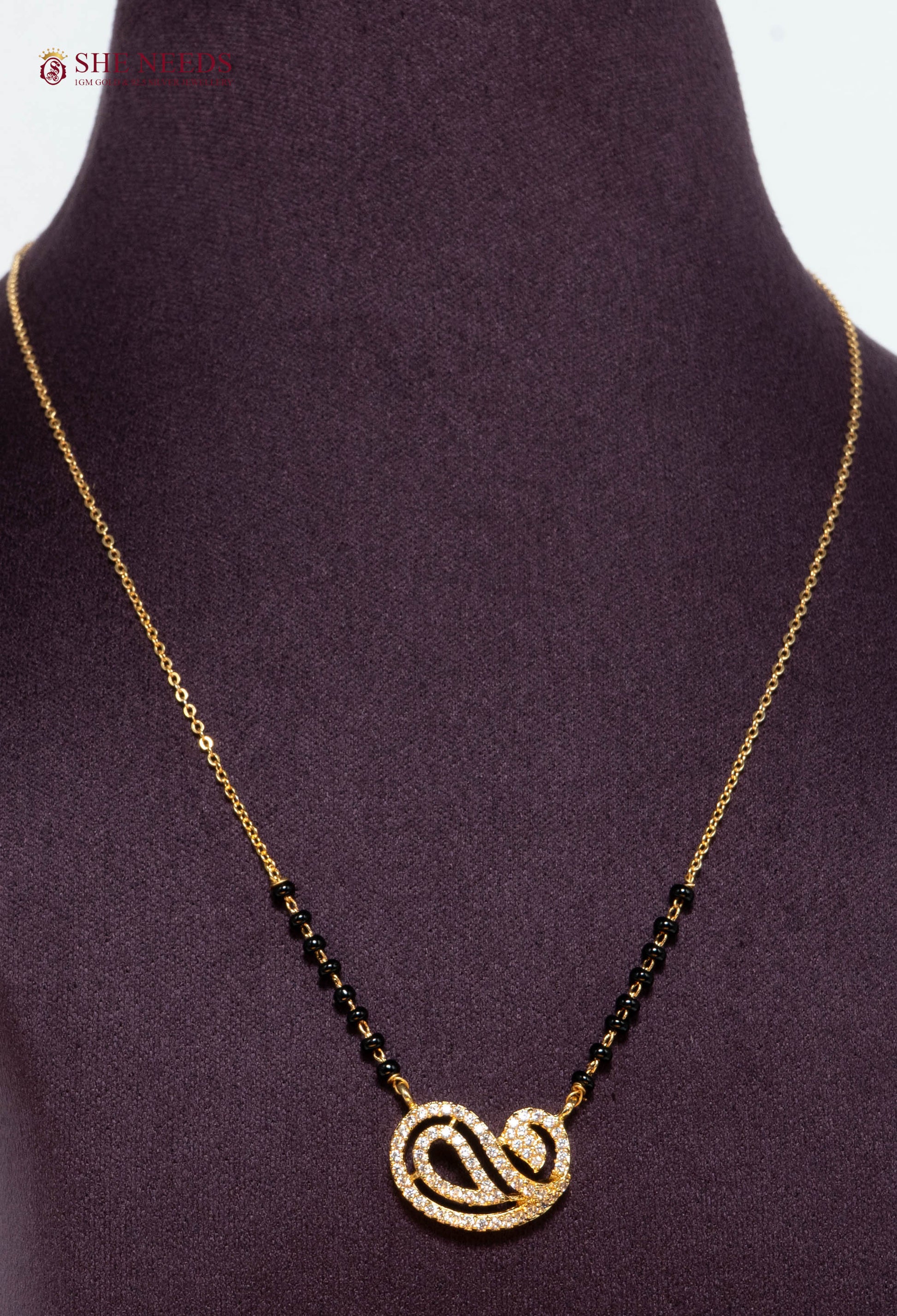 Ishira Infinity American Diamond Mangalsutra Necklace with Infinity CZ Pendant and Black Beads in Gold Plated Finish