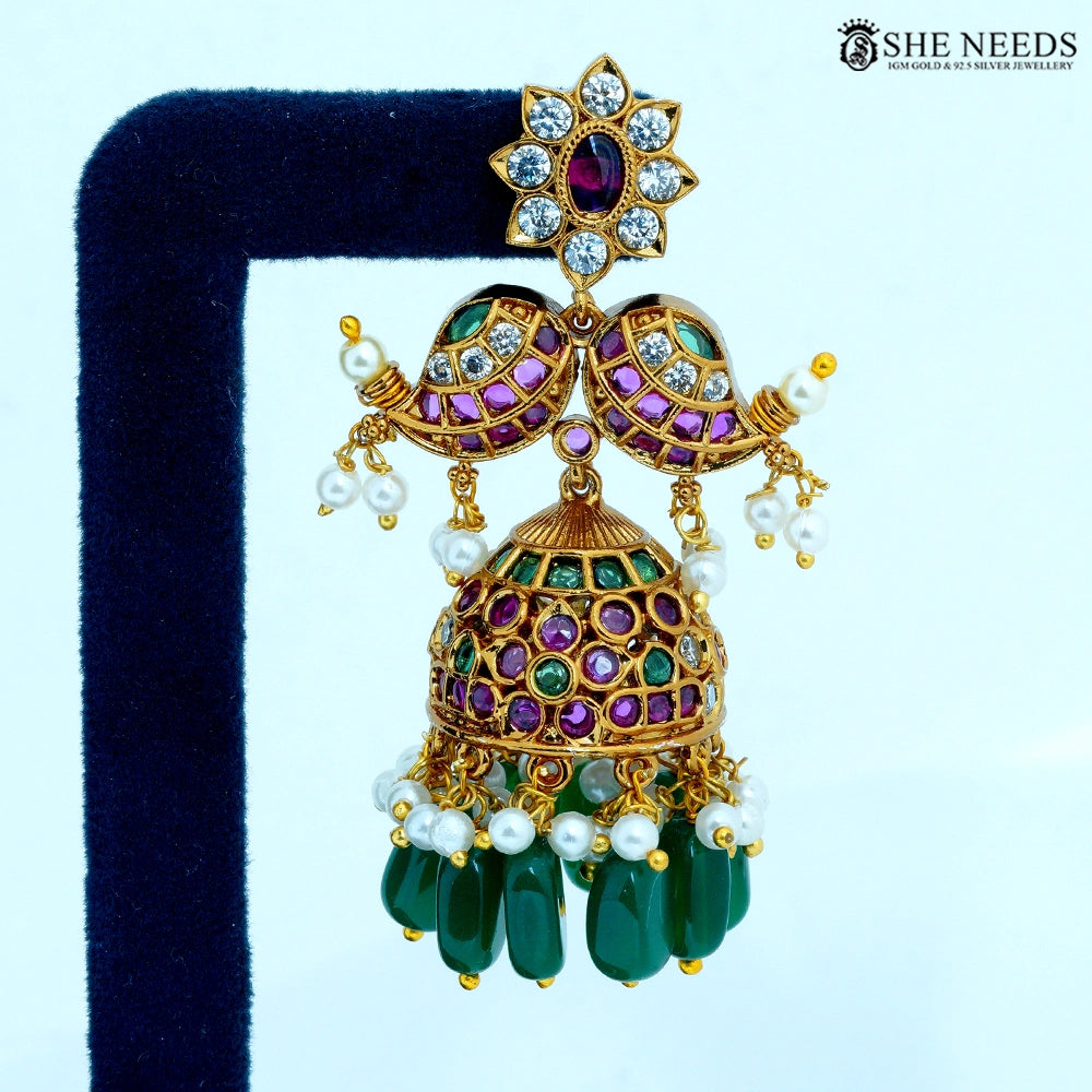 Kairavi Antique Gold Paisley Temple Jhumka Earrings with Green Beads