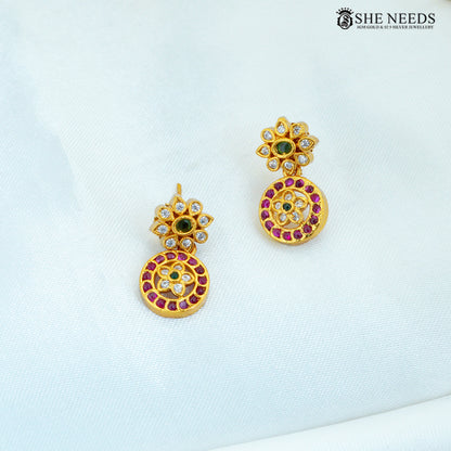 Kamalika matte gold plated floral earrings with American Diamond, ruby and green stone accents|She Needs Jewellery
