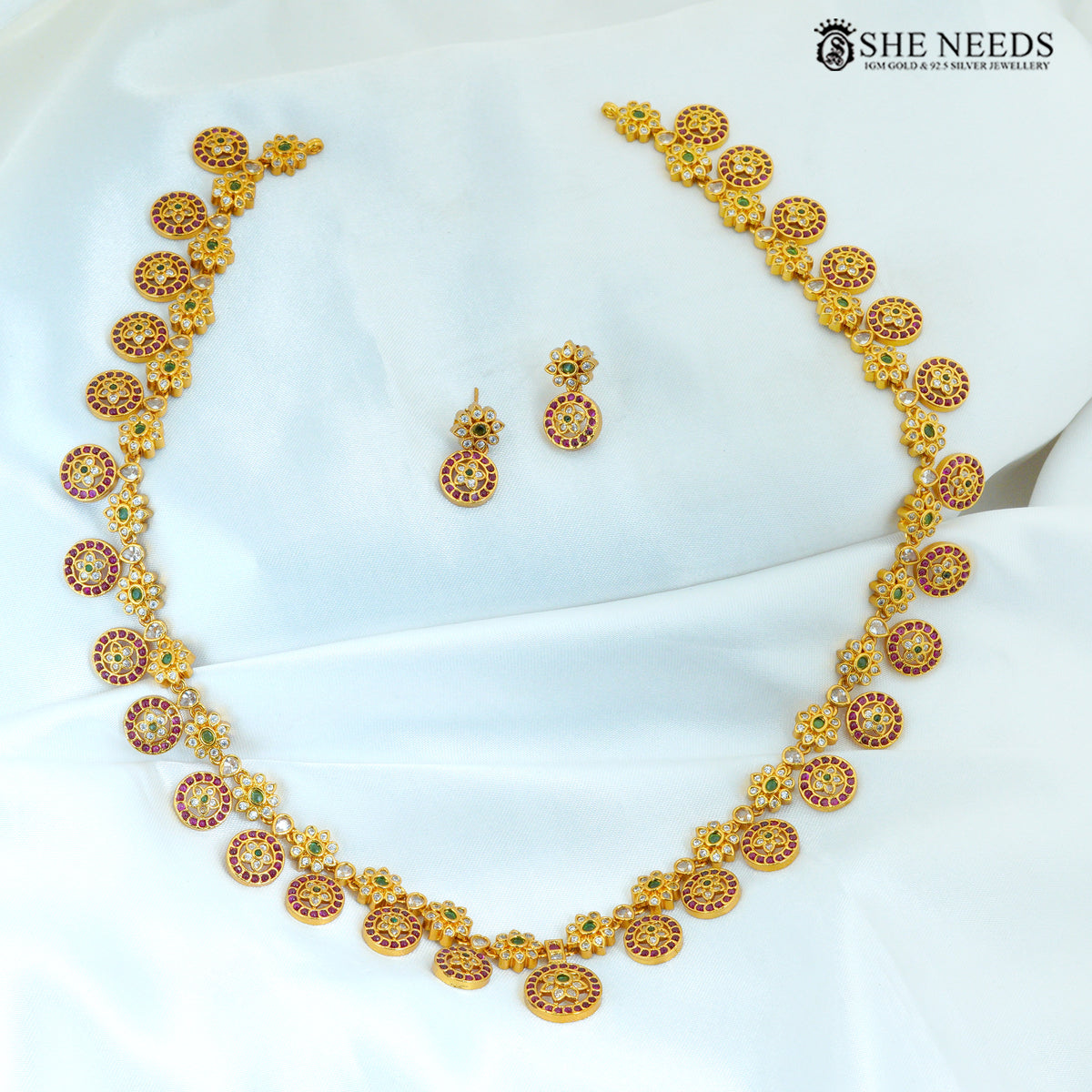 Kamalika Matte Gold Plated American Diamond Floral Long Necklace Set with Matching Earrings